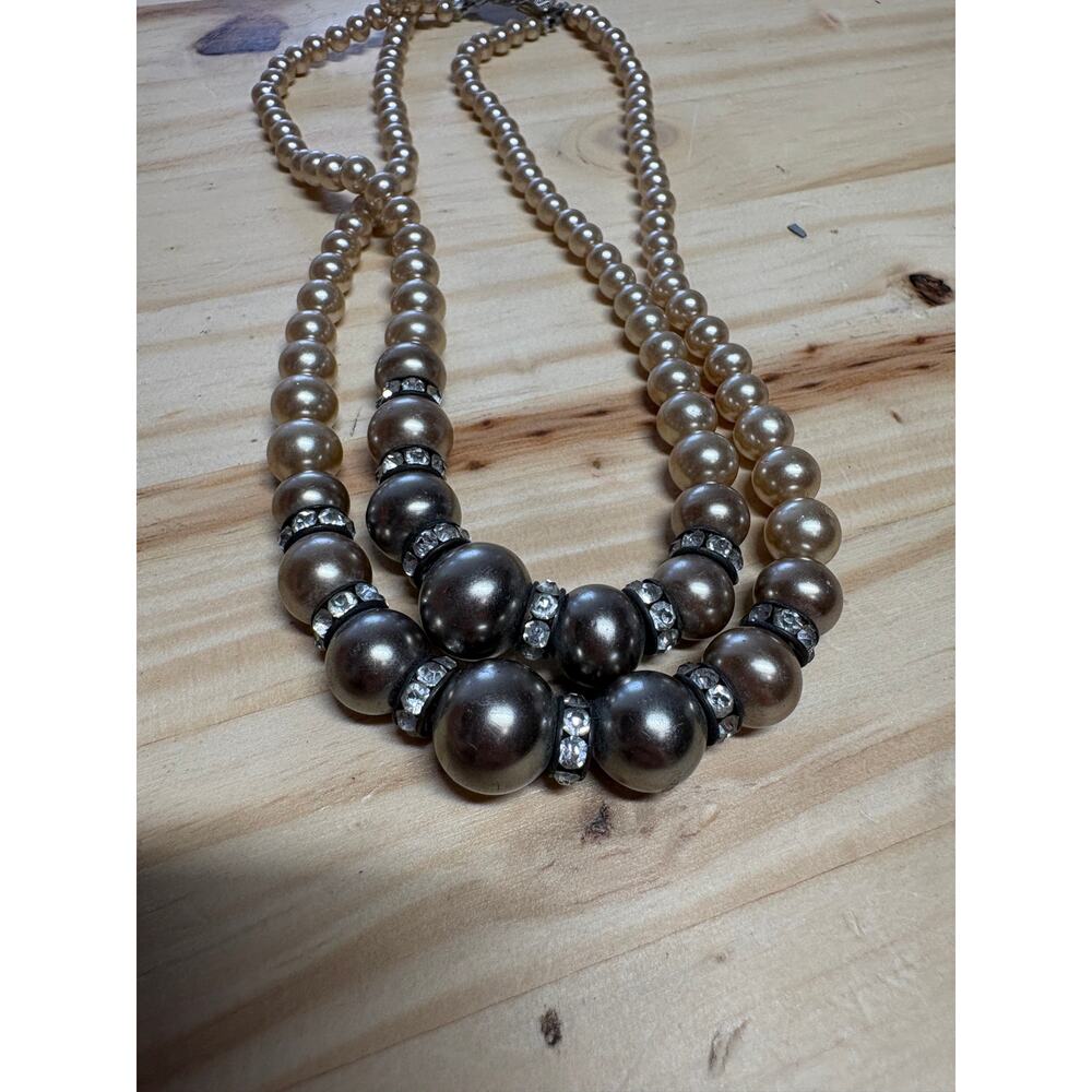 Vintage Double Strand Faux Pearl Necklace Rhinestone Silver Tone - Picture 3 of 8